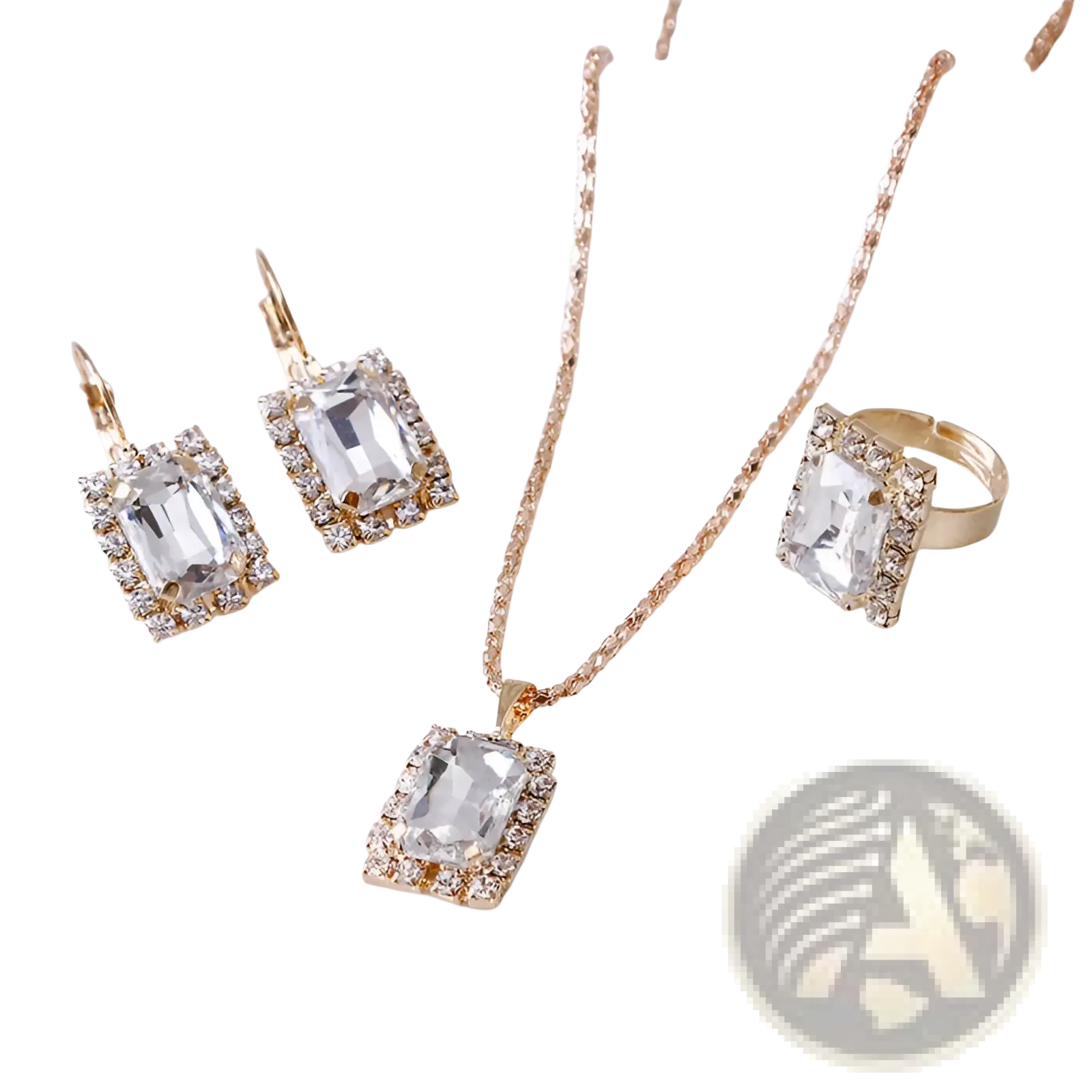 Elegant rectangular gemstone gold jewelry three piece set with clear crystal stones and rhinestones on delicate chain and earrings