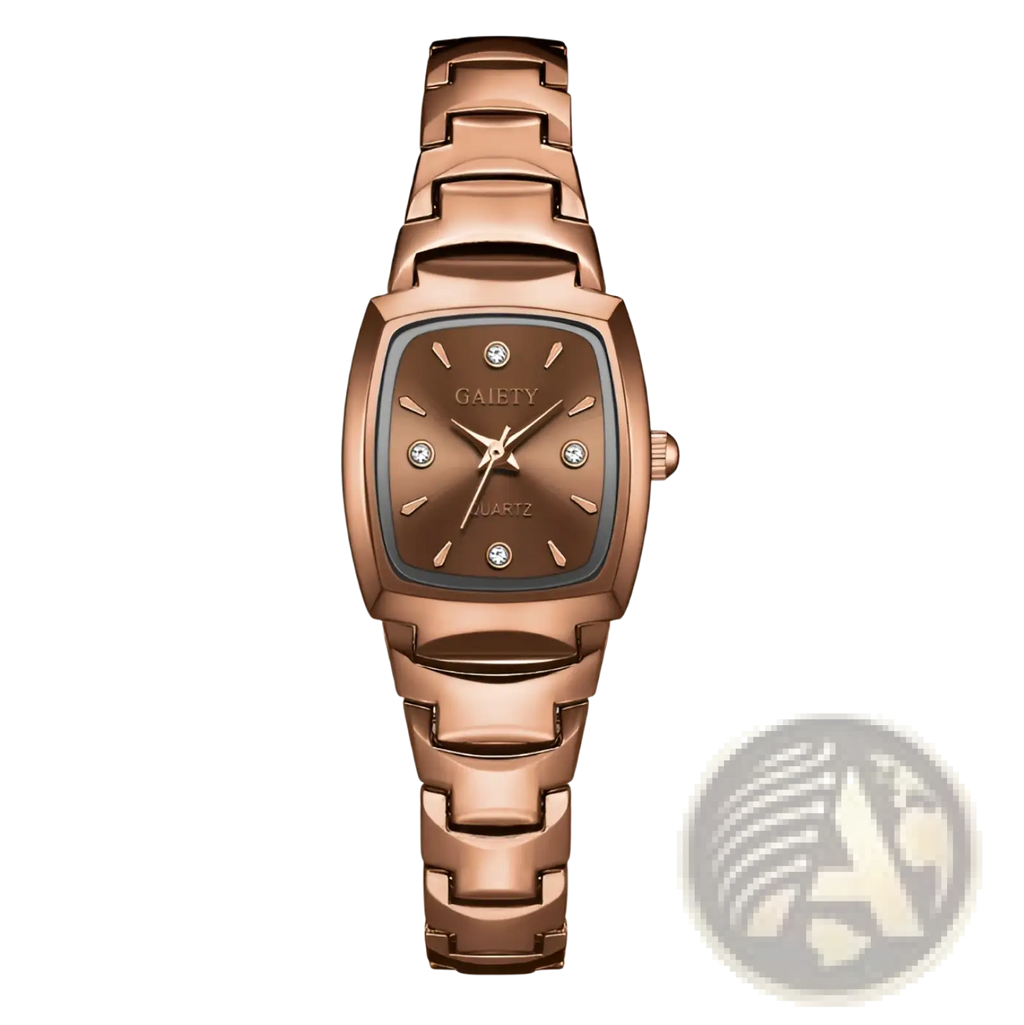 Elegant rectangular rose gold-toned quartz watch with diamond accents on hour markers and center dial