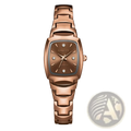 Elegant rectangular rose gold-toned quartz watch with diamond accents on hour markers and center dial