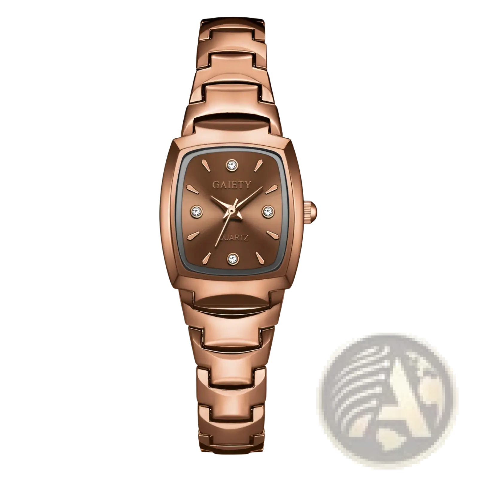 Elegant rectangular rose gold-toned quartz watch with diamond accents on hour markers and center dial