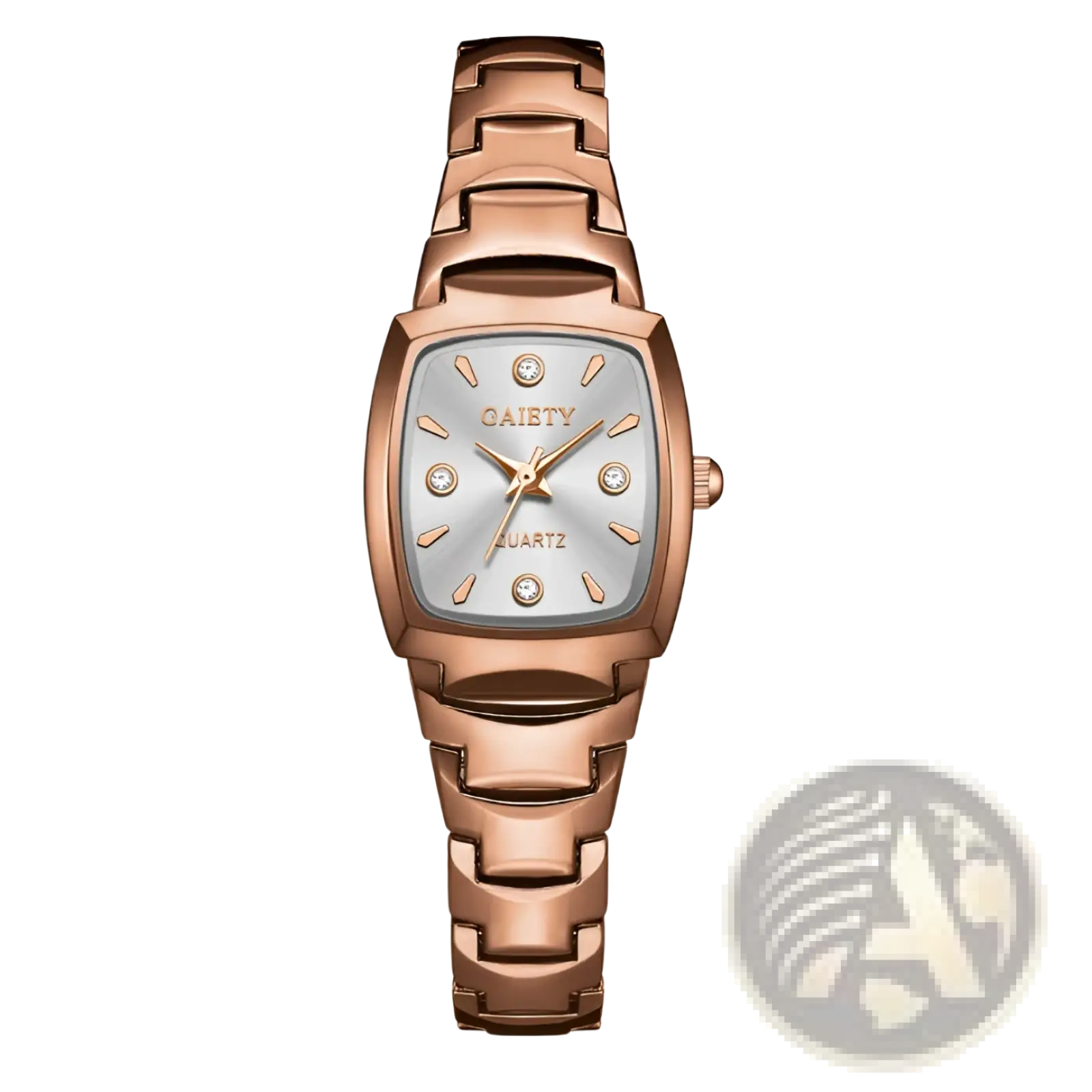 Elegant rectangular quartz watch with rose gold-toned case, silver dial, diamond accents, and matching rose gold bracelet