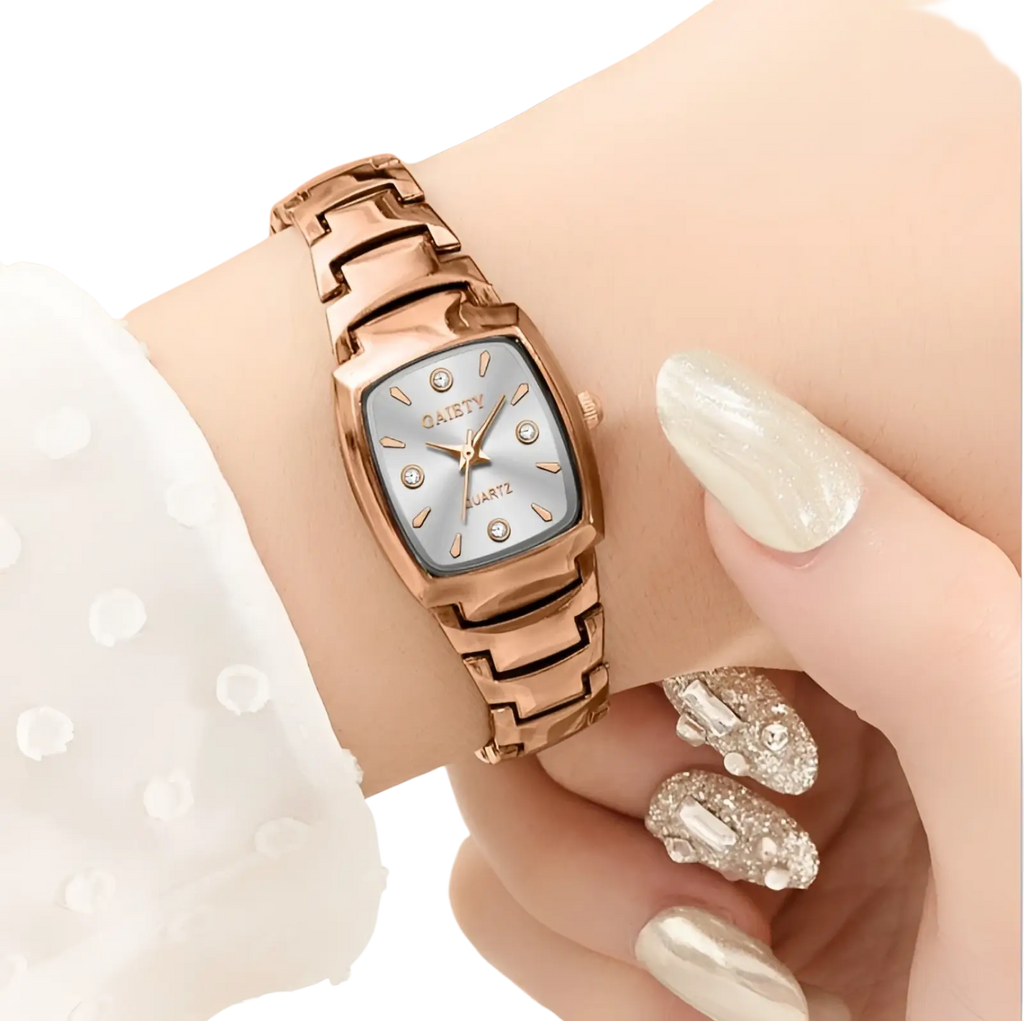 Elegant rectangular quartz watch with rose gold case silver dial and diamond-like hour markers for refined style