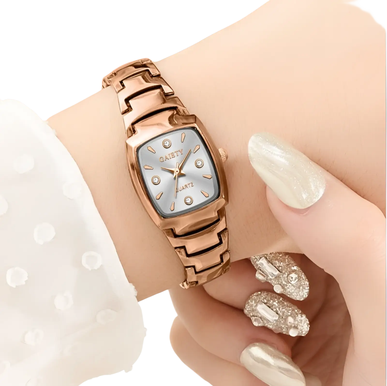 Elegant rectangular quartz watch with rose gold case silver dial and diamond-like hour markers for refined style