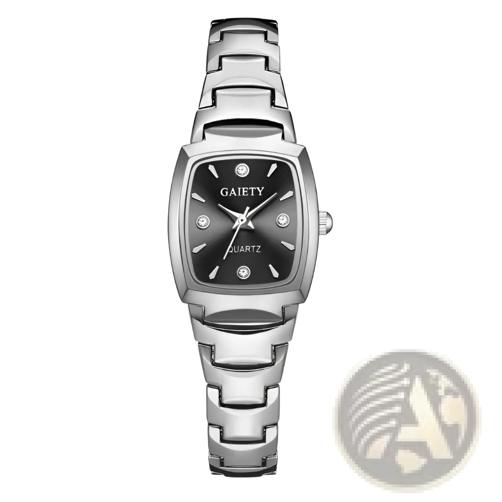 Elegant rectangular quartz watch with silver-toned stainless steel bracelet black dial and diamond-like hour markers by gaieety