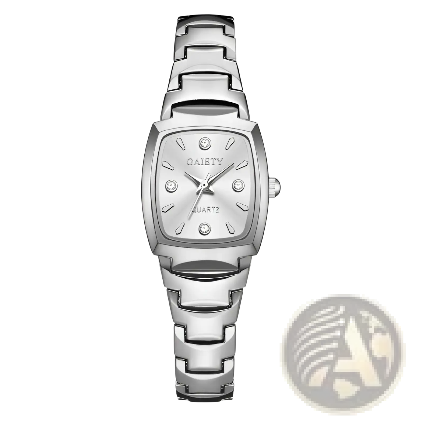 Elegant rectangular quartz watch in silver tone with stainless steel bracelet and diamond accents at hour markers