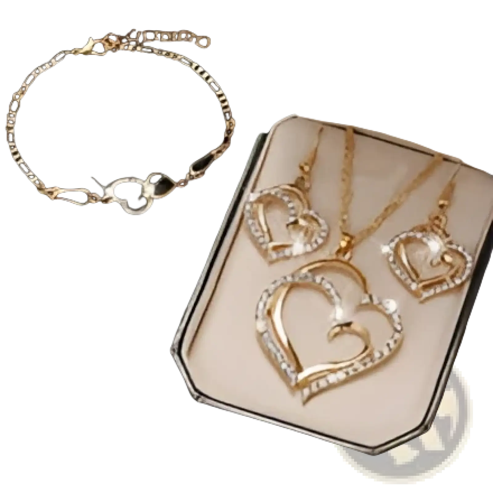 Elegant gold heart-shaped jewelry set with rhinestone accents includes necklace earrings and matching bracelet