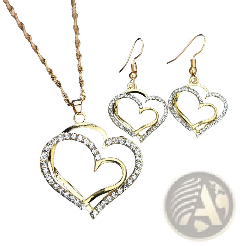 Elegant rhinestone heart jewelry set with gold heart pendant necklace and matching crystal-adorned earrings