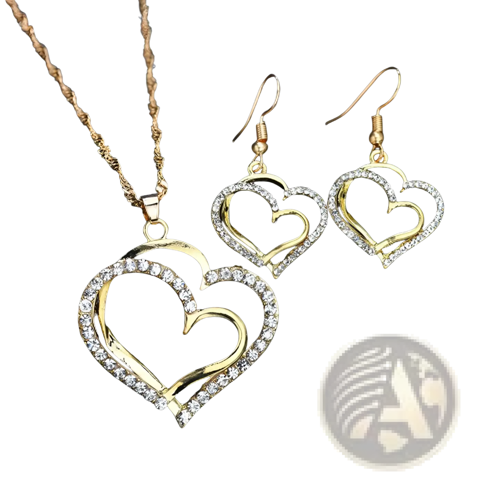 Elegant rhinestone heart jewelry set with gold heart pendant necklace and matching crystal-adorned earrings