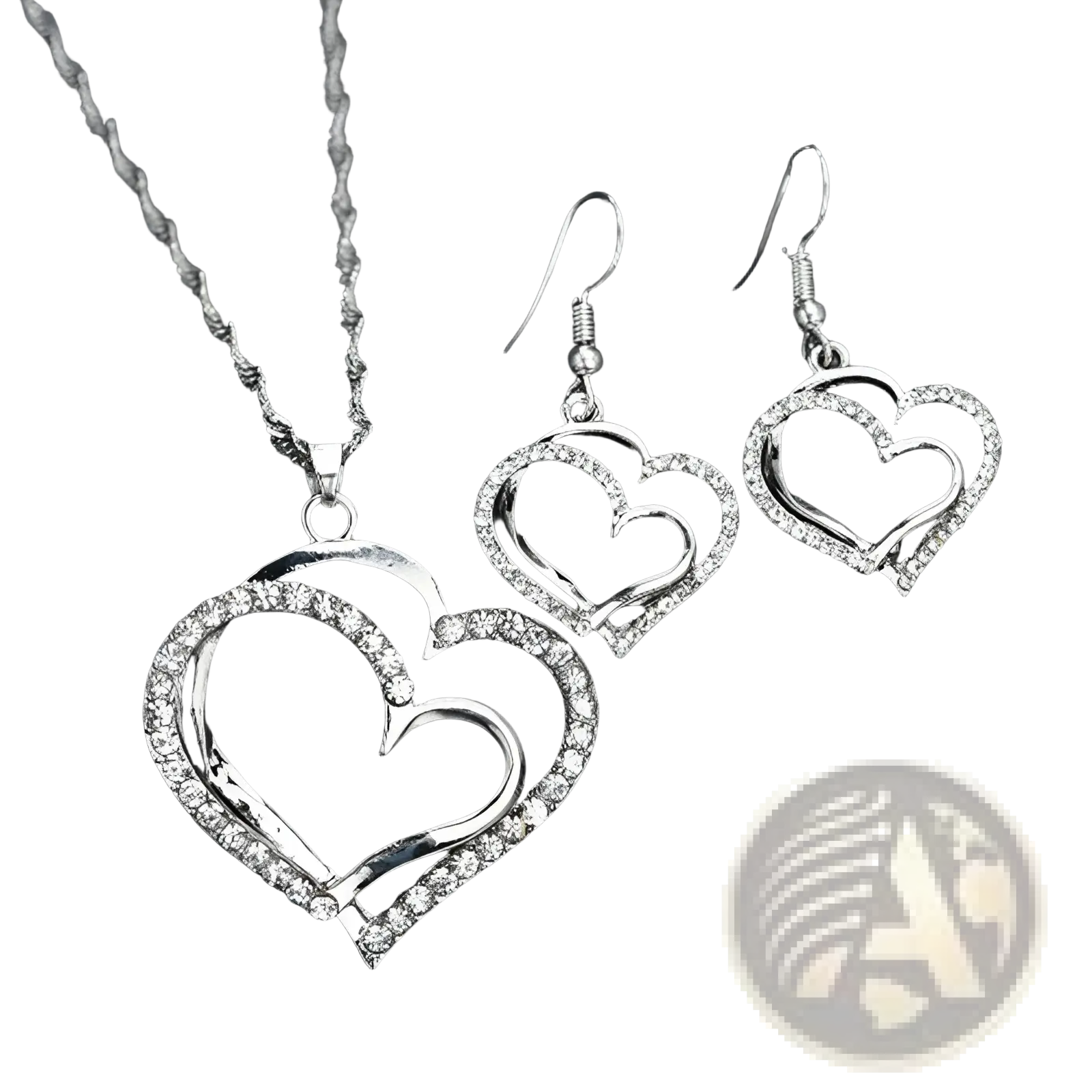 Silver heart-shaped rhinestone jewelry set featuring interlocking designs with necklace and earrings