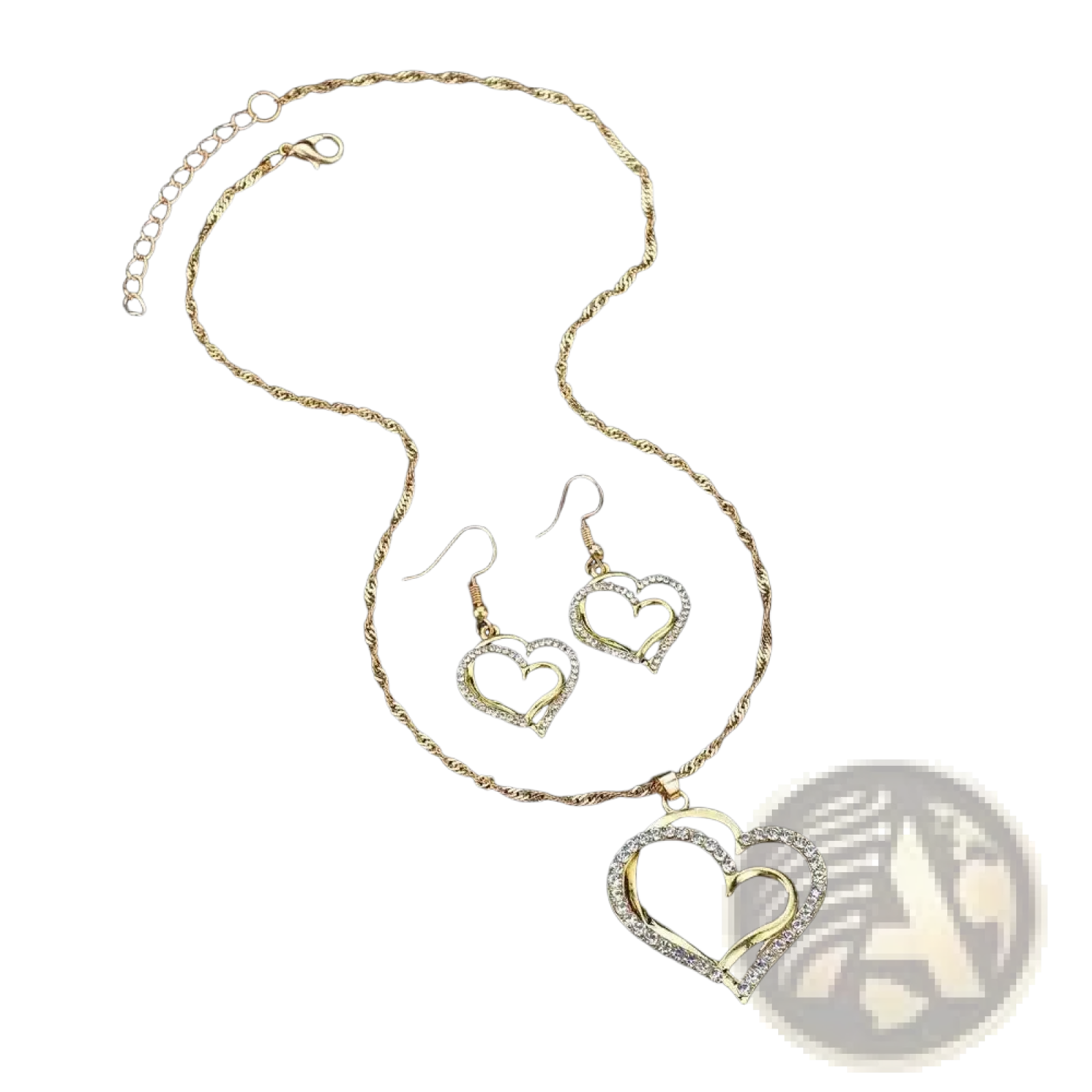 Elegant rhinestone heart jewelry set with gold-toned necklace featuring twisted chain and sparkling rhinestone accents