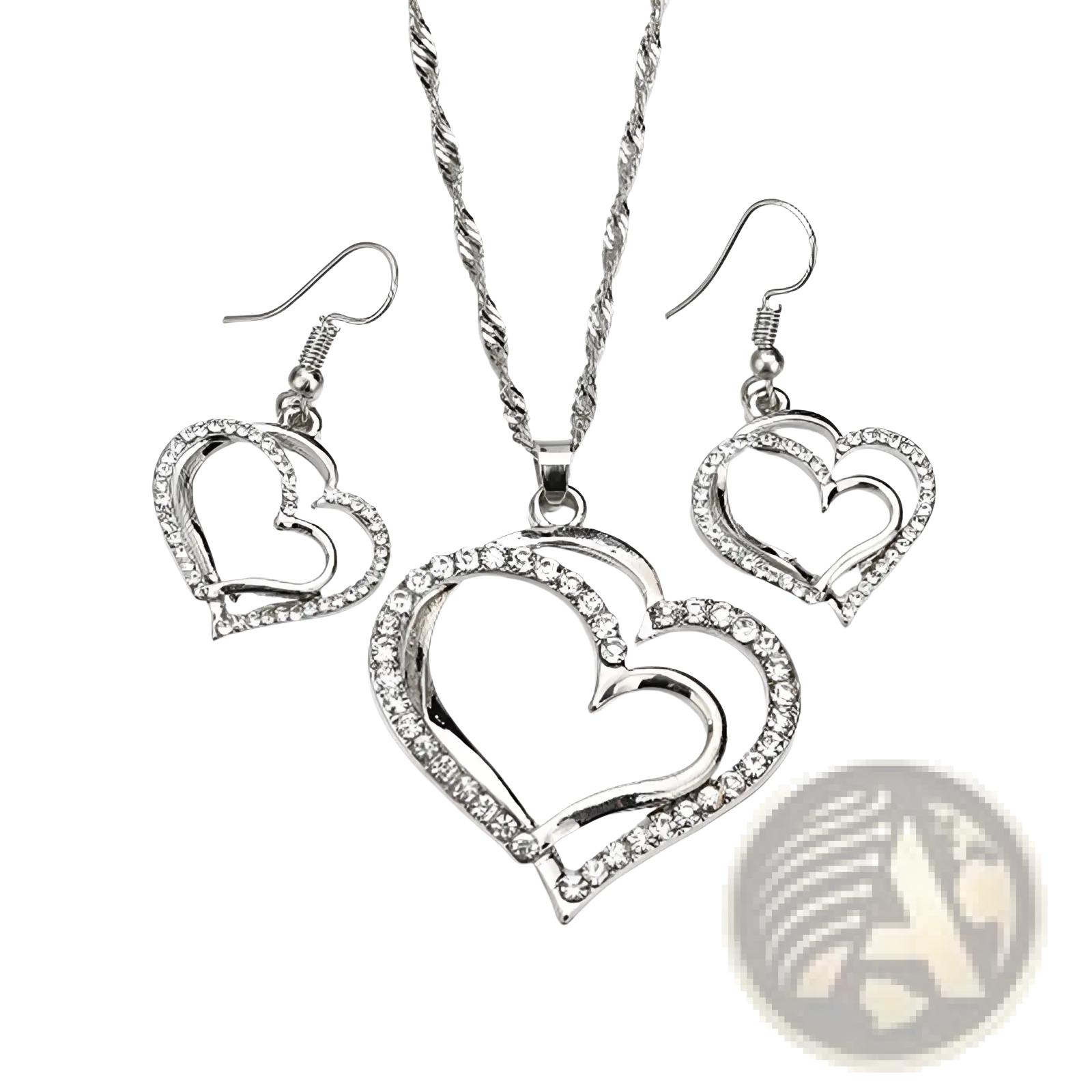 Elegant rhinestone heart jewelry set with silver intricate openwork design and sparkling rhinestone embellishments