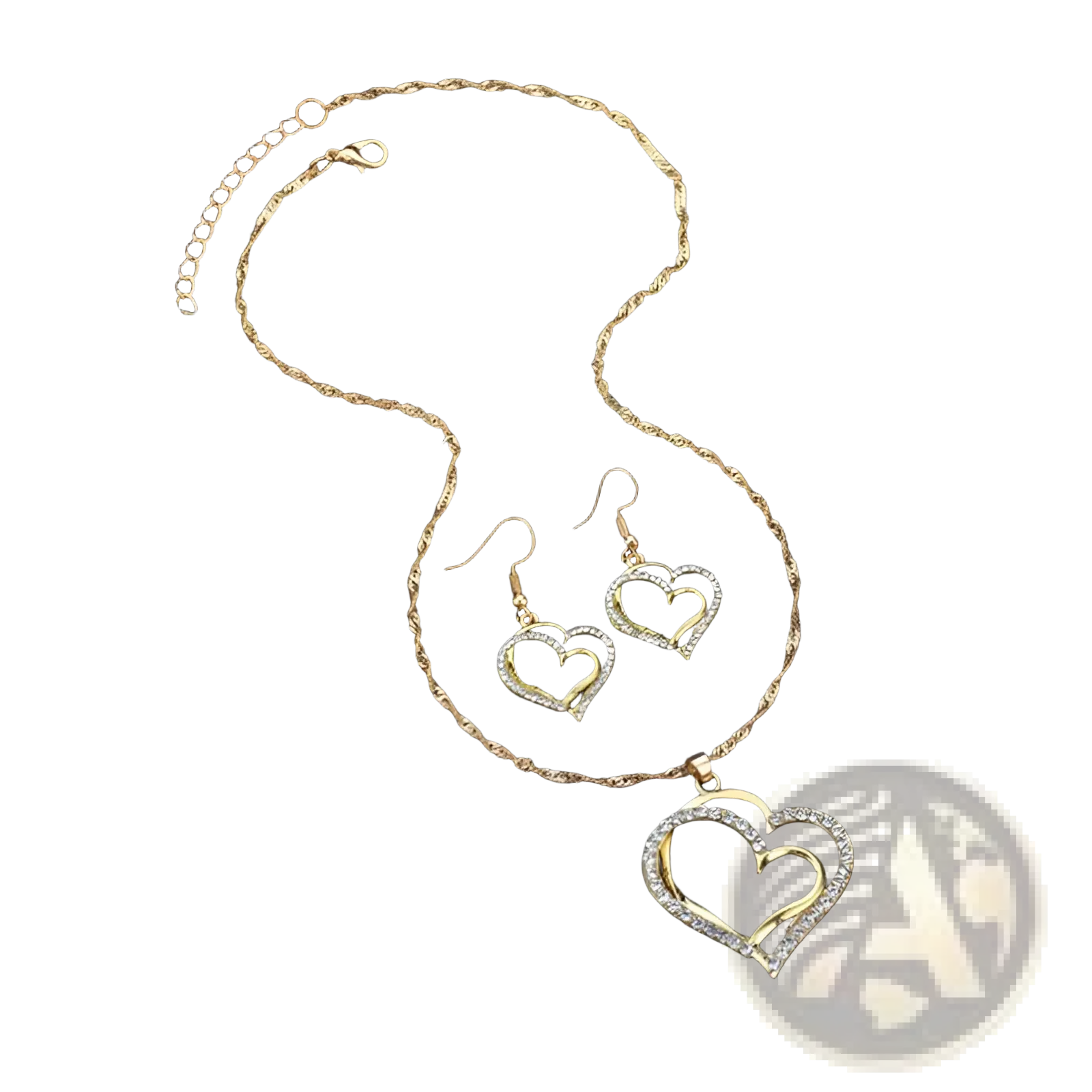 Elegant rhinestone heart jewelry set featuring a gold-toned necklace with twisted chain and sparkling rhinestone accents