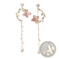 Elegant rose tassel drop earrings in gold tone with pink enamel flowers, rhinestones, and pearl beads