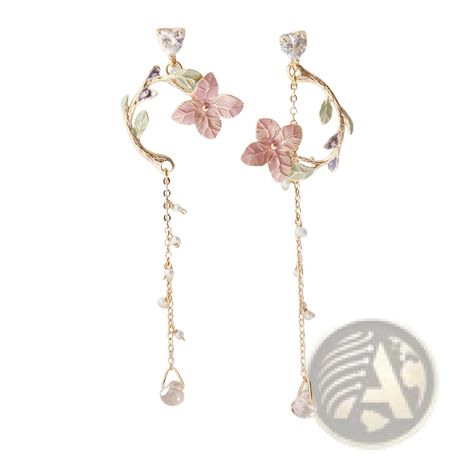Elegant rose tassel drop earrings in gold tone with pink enamel flowers, rhinestones, and pearl beads