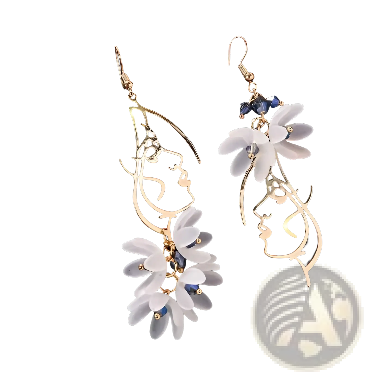 Elegant gold-toned rose tassel drop earrings with delicate face silhouettes, layered white floral accents, blue crystals, rhinestones, and pearls
