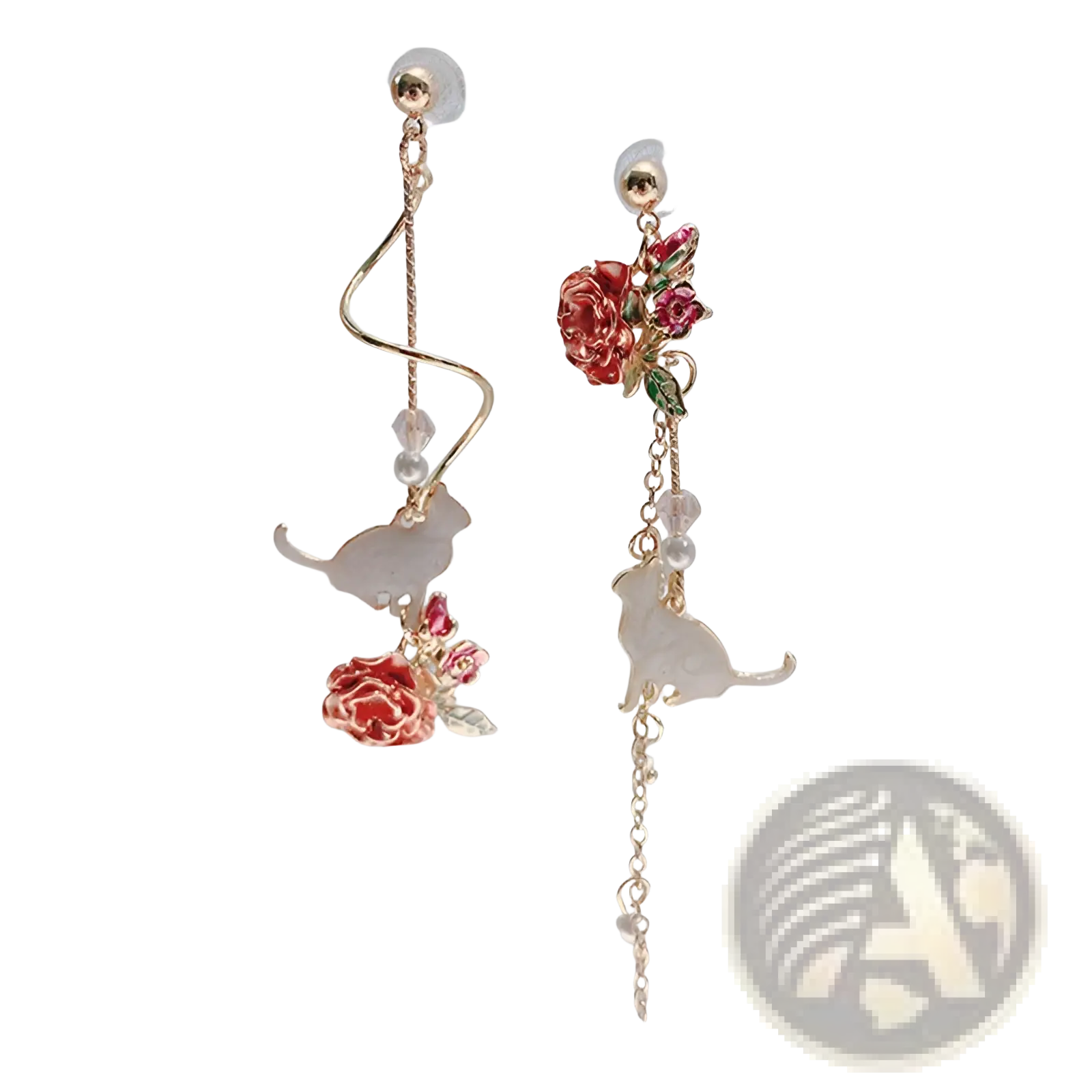 Elegant rose tassel drop earrings in gold tone with translucent white cat charms and red floral rhinestone accents