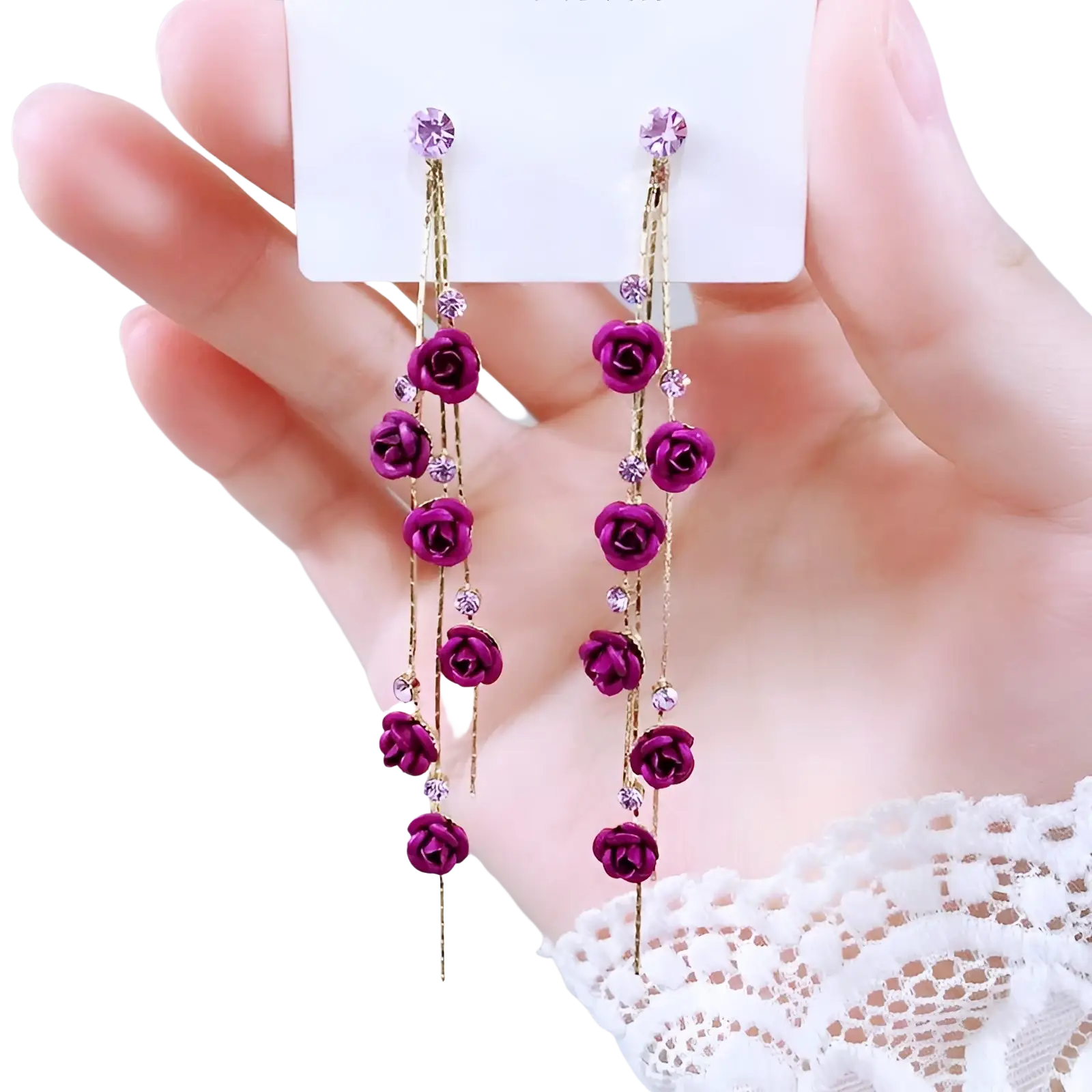 Elegant rose tassel drop earrings featuring purple rose motifs with gold-tone chains and clear crystal accents