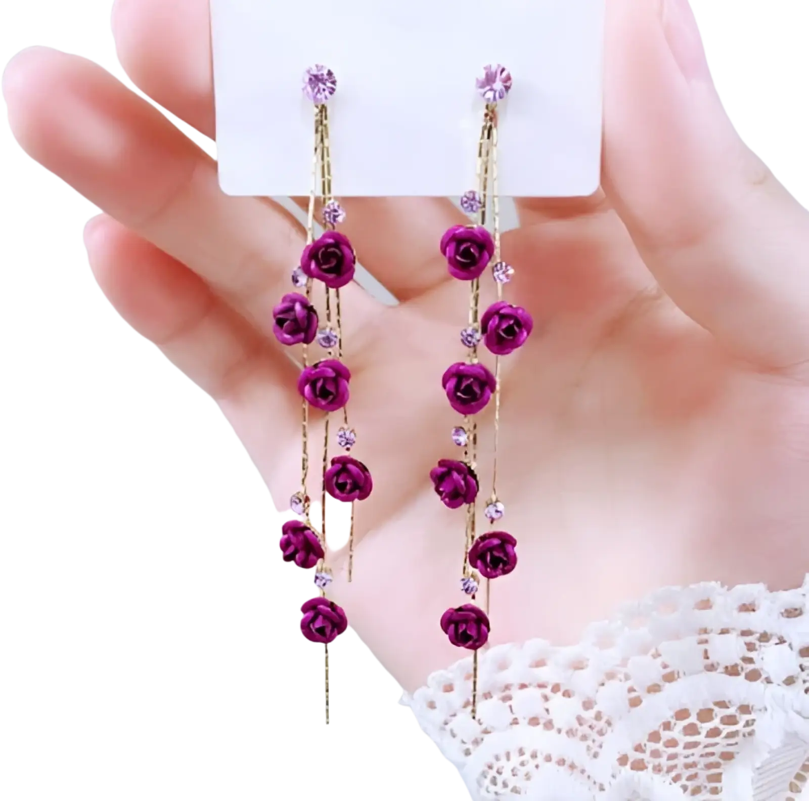 Elegant rose tassel drop earrings featuring purple rose design with gold-tone chains and clear crystal accents