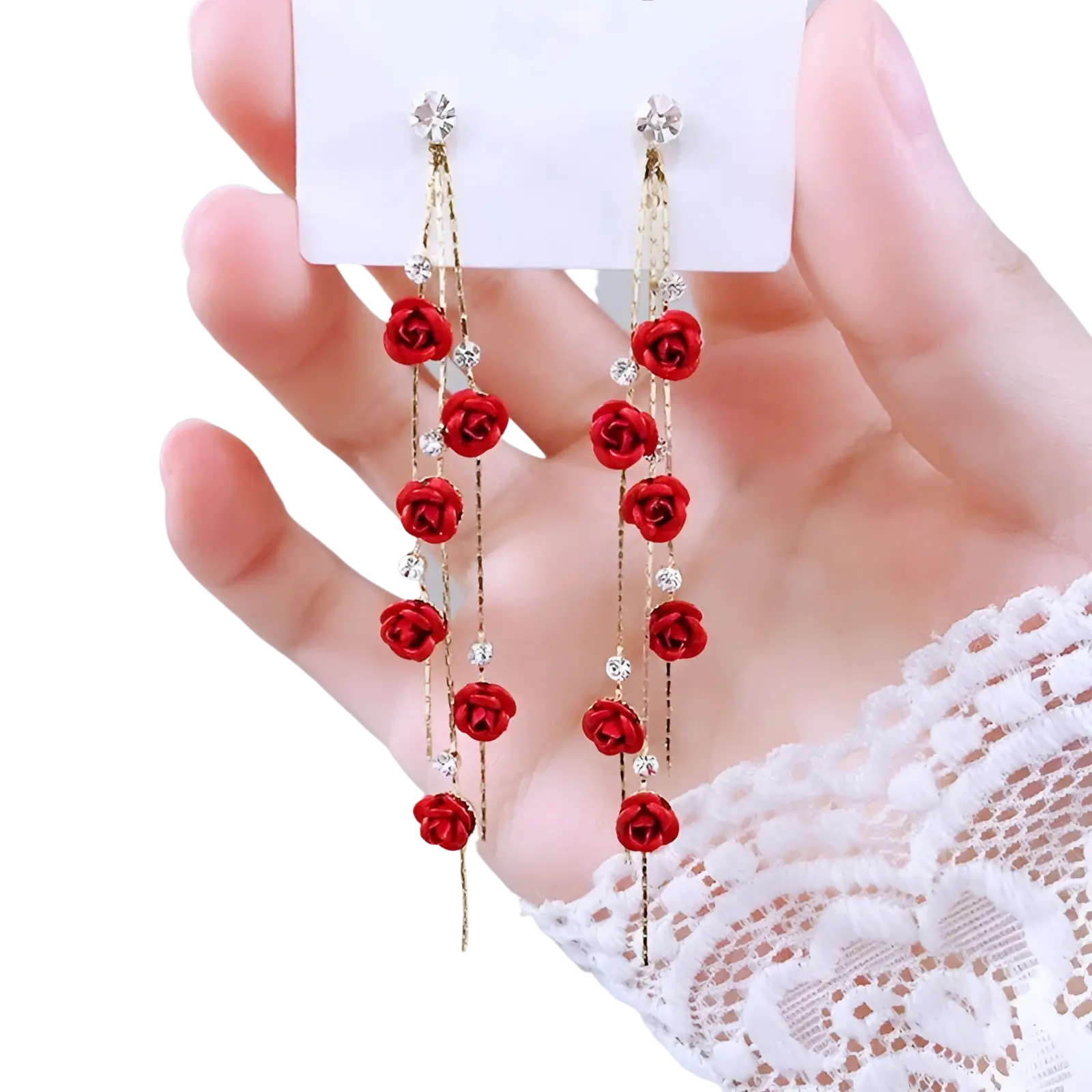 Elegant red rose tassel drop earrings with gold-toned chains clear crystal accents rhinestones and pearls
