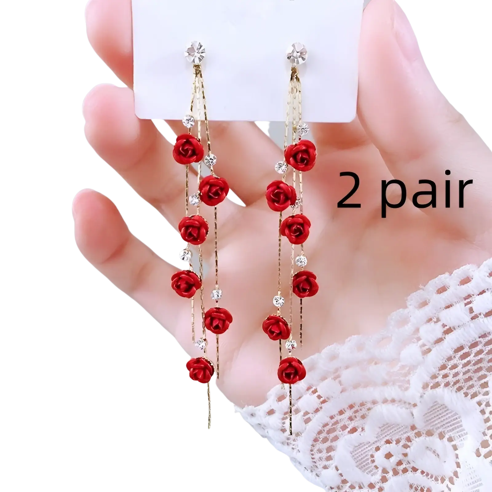 Elegant red rose tassel drop earrings with gold-toned chains, clear crystal accents, rhinestones, and pearls