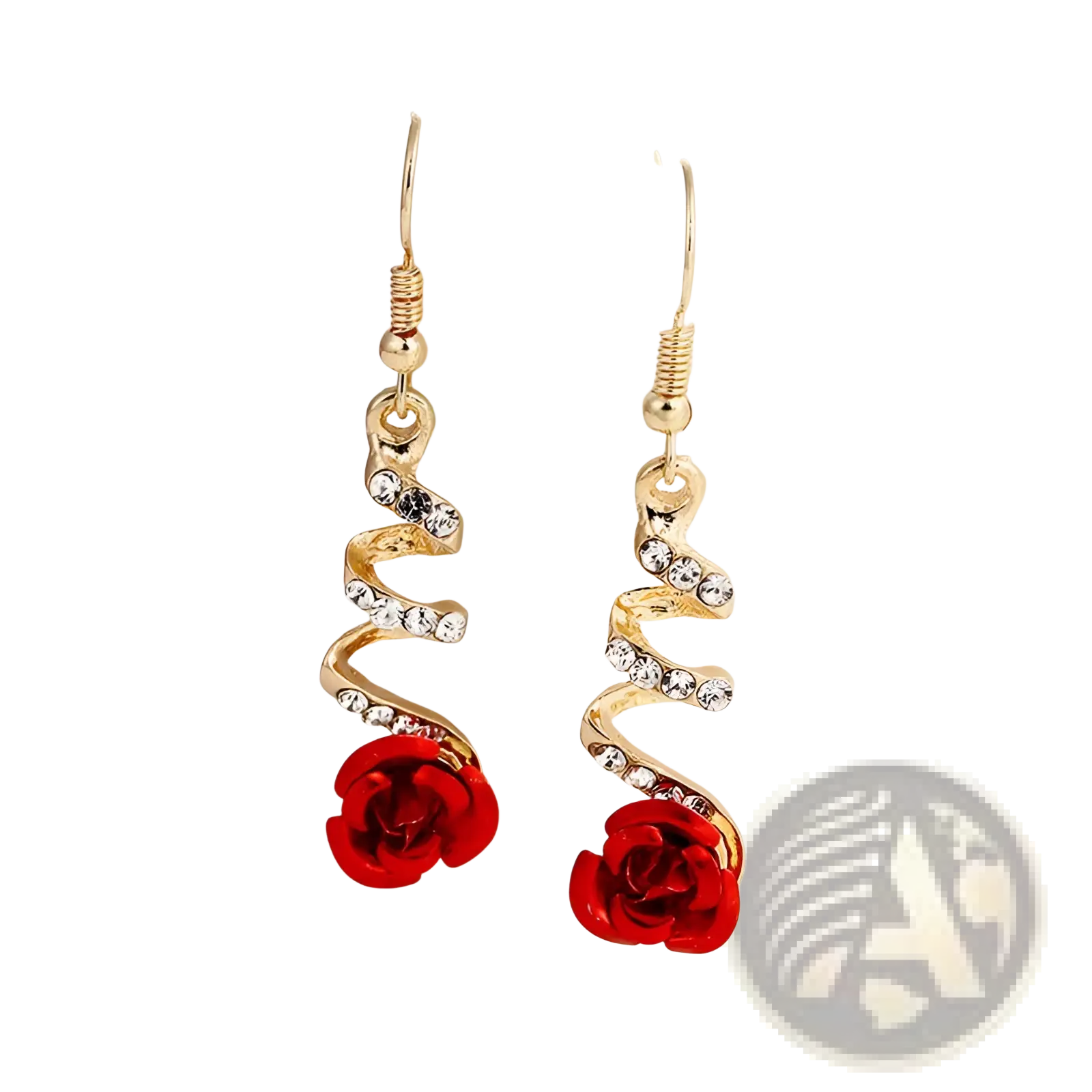 Elegant rose tassel drop earrings in gold tone with clear rhinestones and vibrant red rose charms