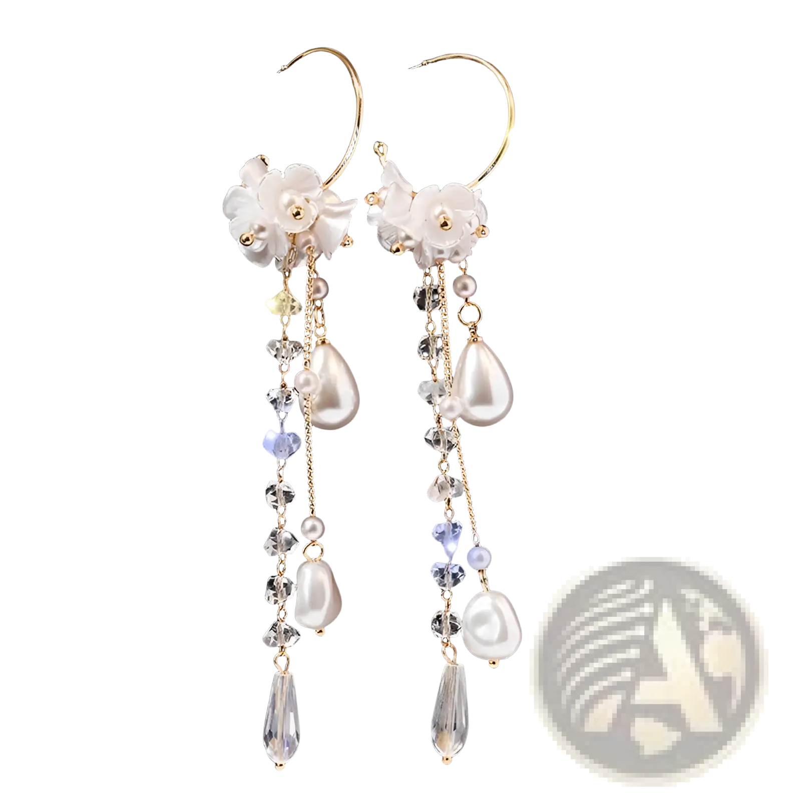 Elegant white floral hoop earrings with gold-toned accents, dangling pearls, and crystal drops for formal wear
