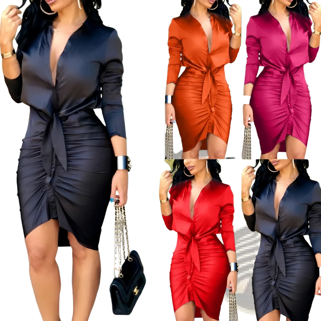 A sleek satin-finish long sleeve ruched midi wrap dress in black or vibrant red with a deep v-neckline