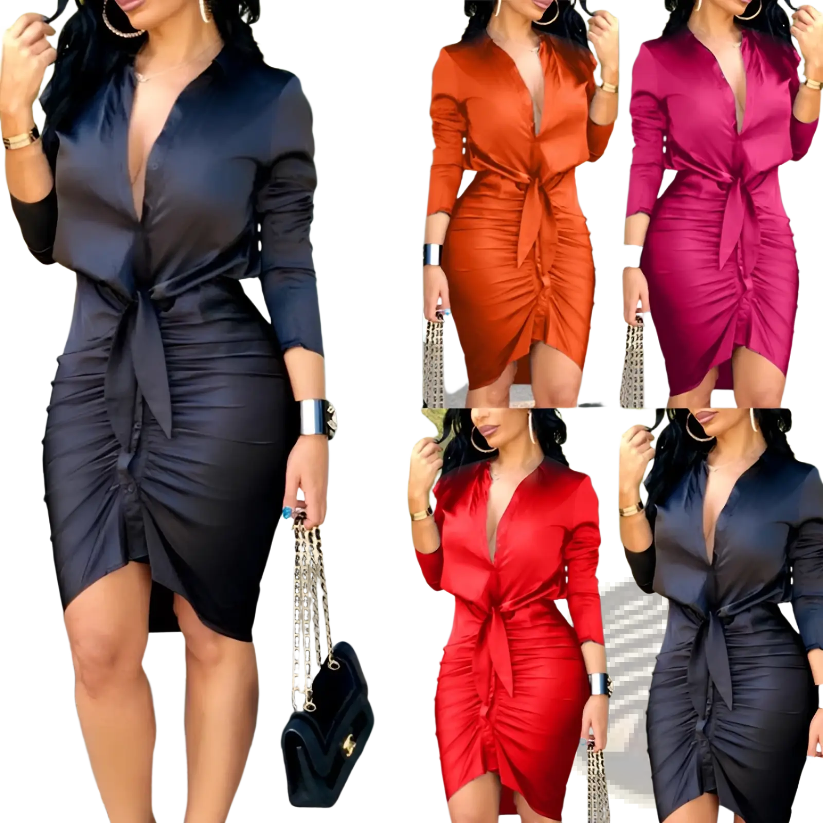 A sleek satin-finish long sleeve ruched midi wrap dress in black or vibrant red with a deep v-neckline