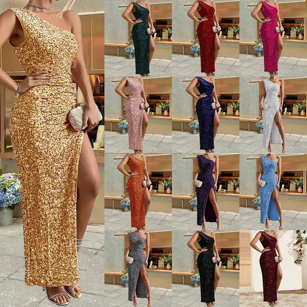 Golden sequined one shoulder maxi dress with high slit and form fitting silhouette for evening wear