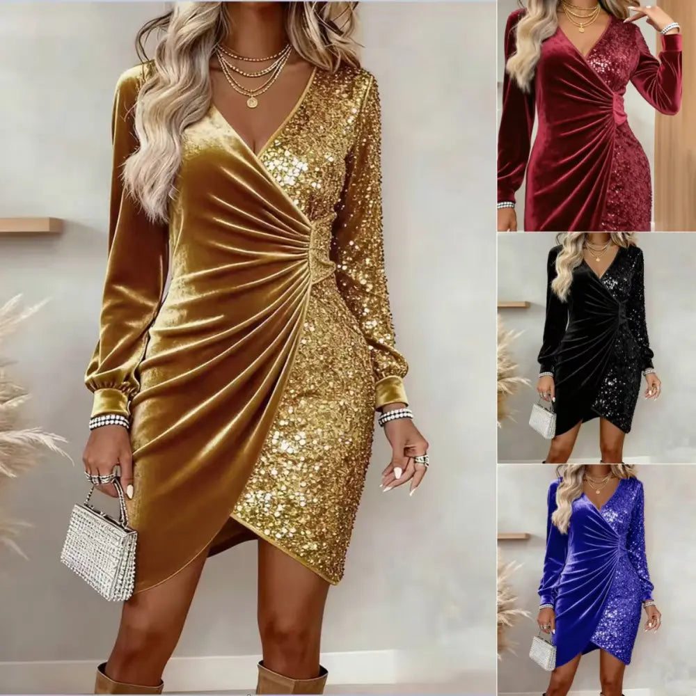 Gold velvet sequin wrap dress with long sleeves and v neck showcasing luxurious material and elegant design