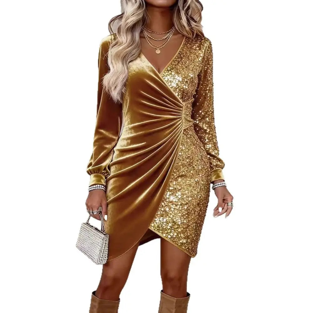 A gold velvet sequin v neck long sleeve wrap dress with shimmering fabric and elegant design