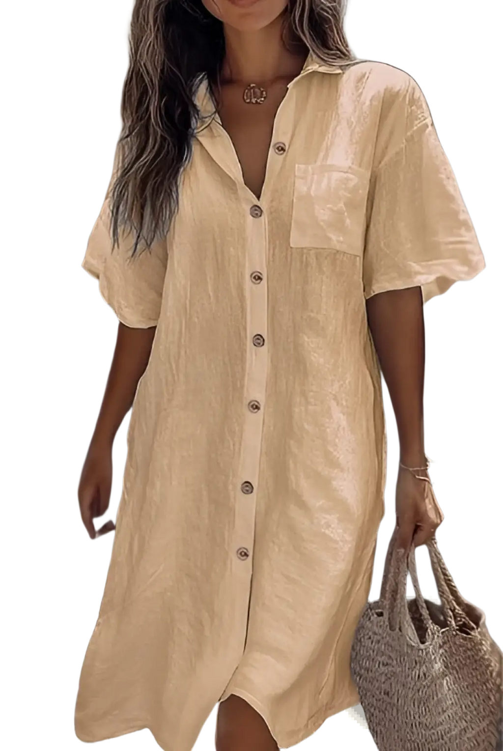 Beige linen button-down dress with short sleeves and front pocket elegant for casual and formal wear