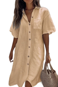 Beige linen button-down dress with short sleeves and front pocket elegant for casual and formal wear