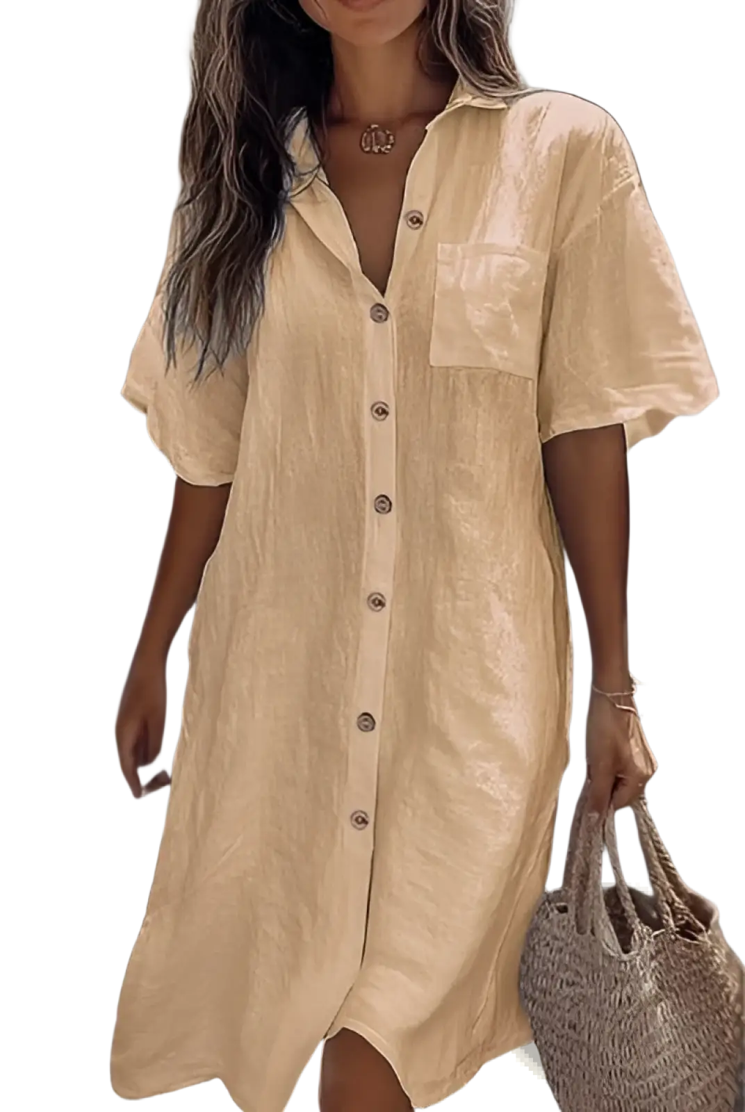Beige linen button-down dress with short sleeves and front pocket elegant for casual and formal wear