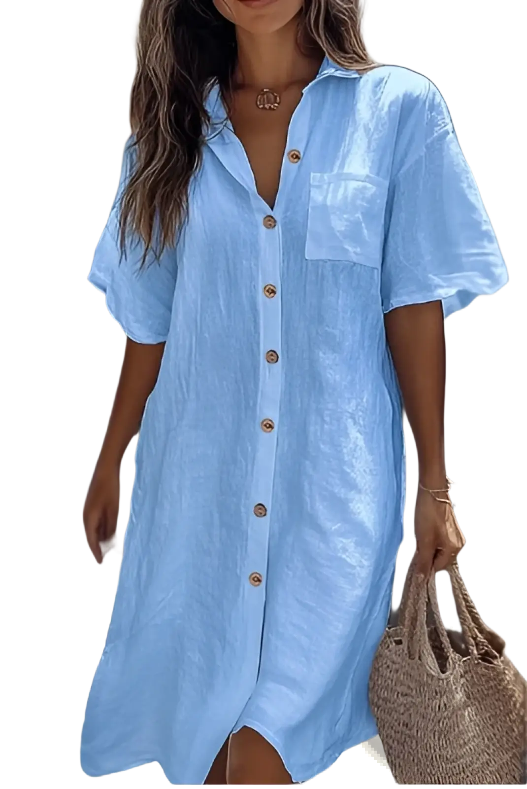 Light blue elegant short sleeve button down linen shirt dress with chest pocket and relaxed fit