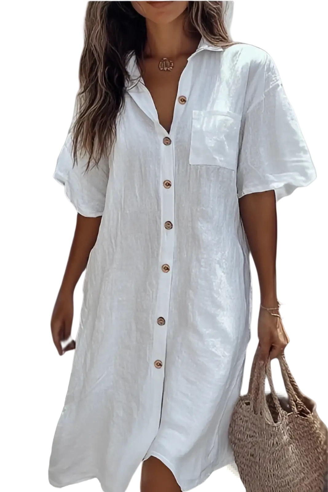 Elegant short sleeve button down white linen shirt dress with wooden buttons showcasing front view