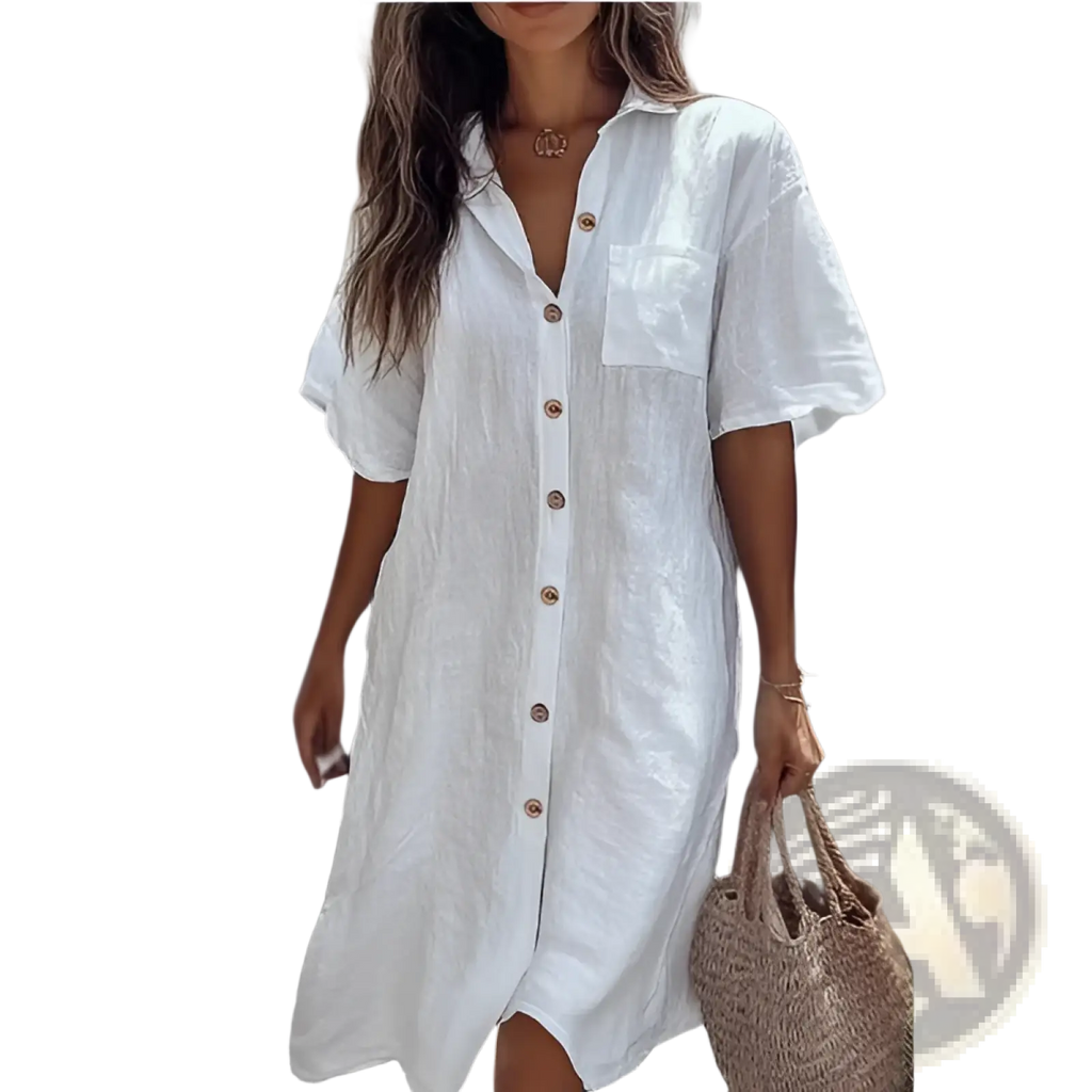Elegant short sleeve button down linen shirt dress in white with a front pocket and button closure
