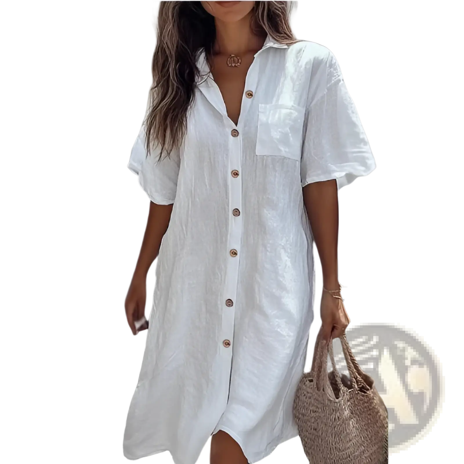 Elegant short sleeve button down linen shirt dress in white with a front pocket and button closure