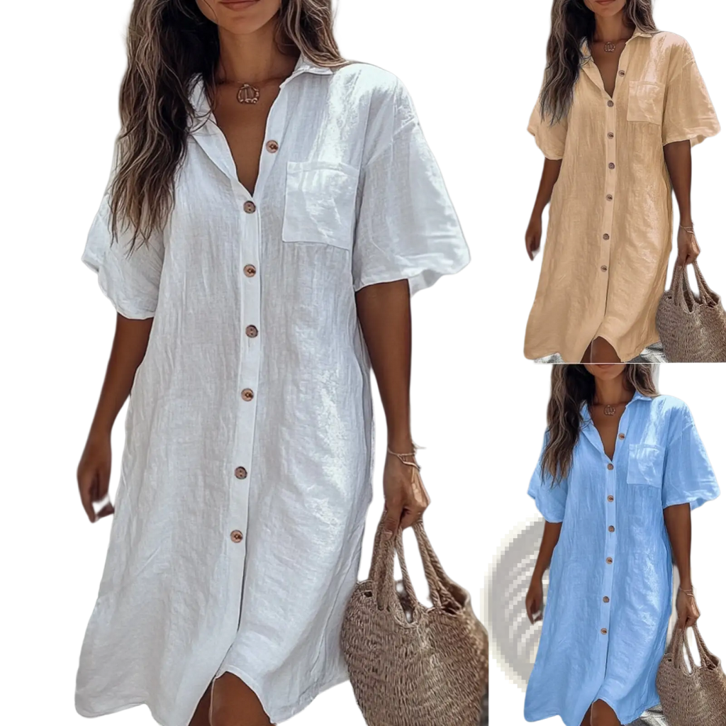 White linen button down dress with short puff sleeves and front pocket from elegant short sleeve shirt dress collection