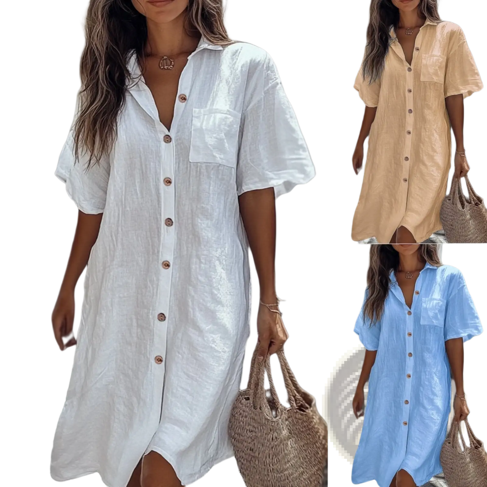 White linen button down dress with short puff sleeves and front pocket from elegant short sleeve shirt dress collection