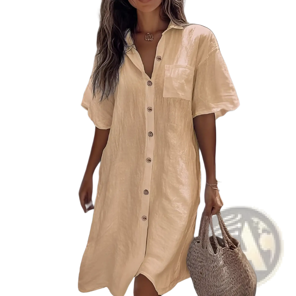 Beige linen elegant short sleeve button down shirt dress with front pocket for a stylish summer look