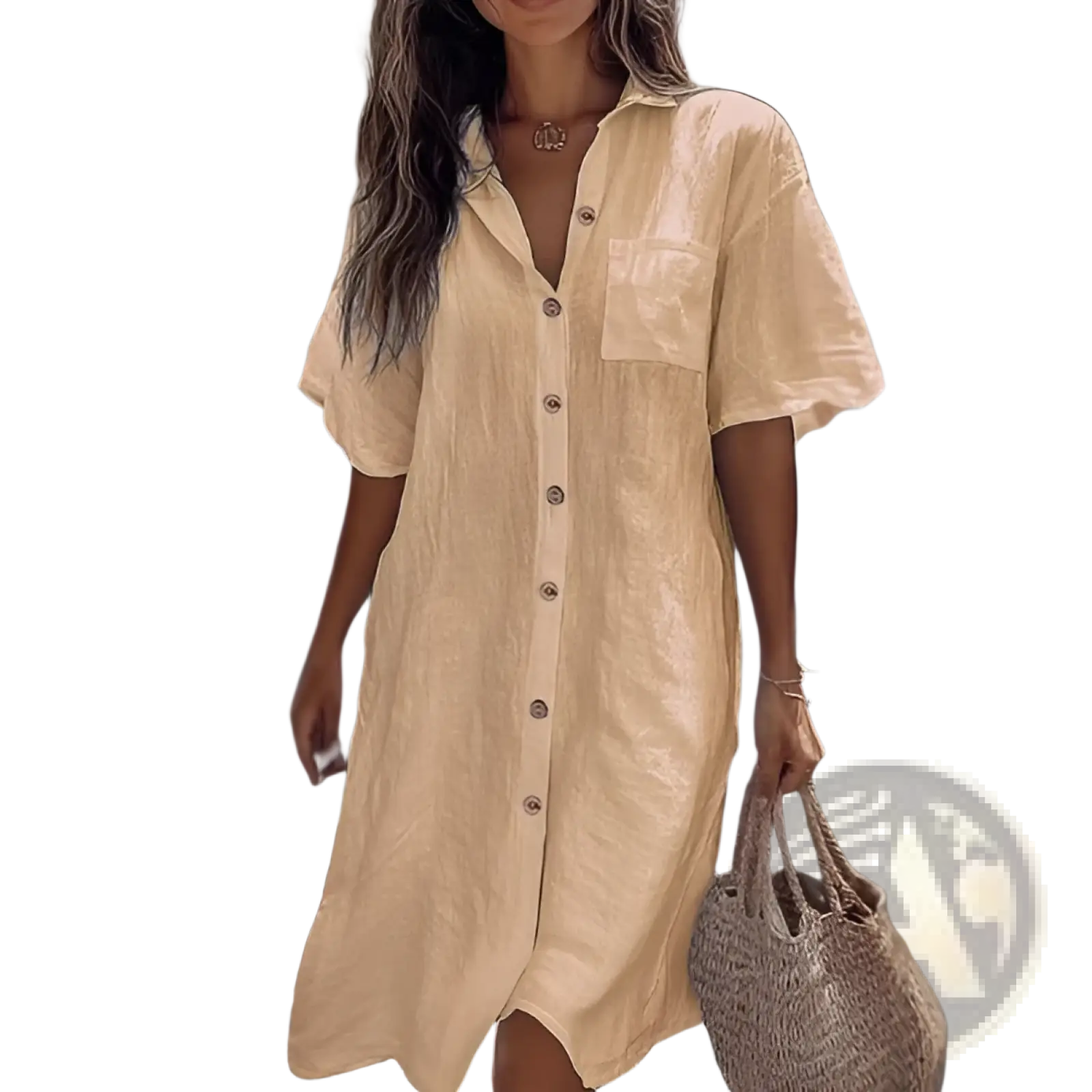 Beige linen elegant short sleeve button down shirt dress with front pocket for a stylish summer look