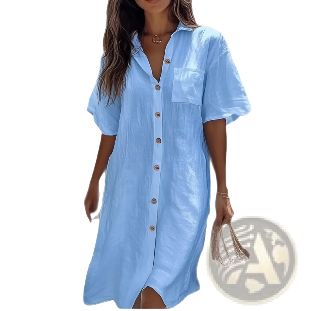 Light blue linen shirt dress with short sleeves and button down front for an elegant casual look