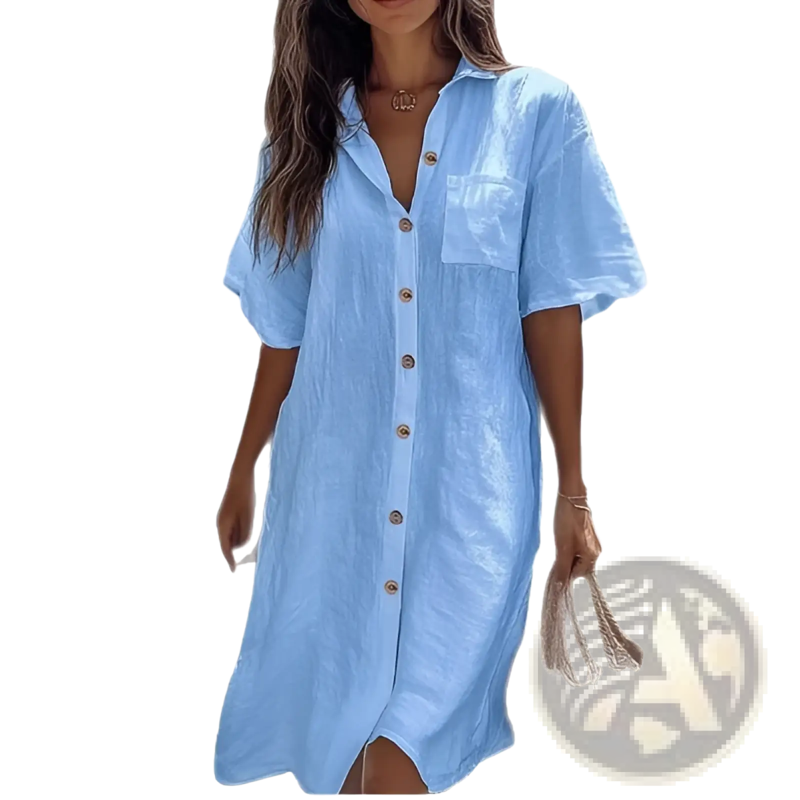 Light blue linen shirt dress with short sleeves and button down front for an elegant casual look