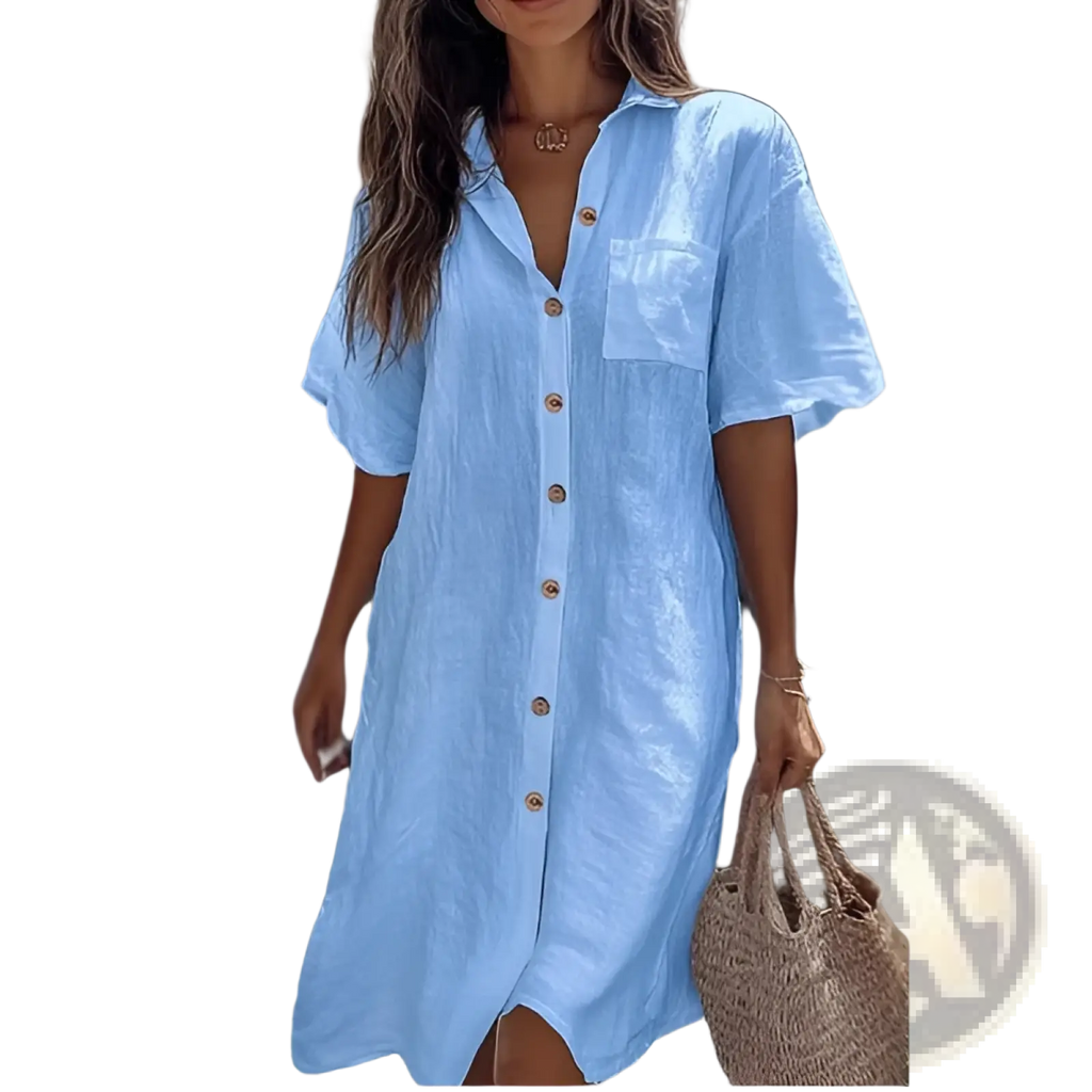 Light blue linen shirt dress with short sleeves and button front for an elegant, breathable summer look