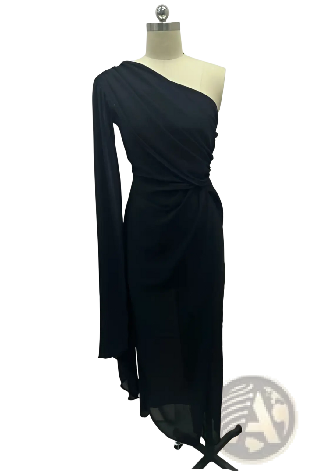 Elegant black one shoulder draped midi dress with flowing long sleeve and sheer overlay featuring a high slit
