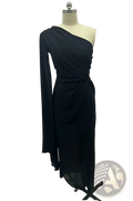 Elegant black one shoulder draped midi dress with flowing long sleeve and sheer overlay featuring a high slit