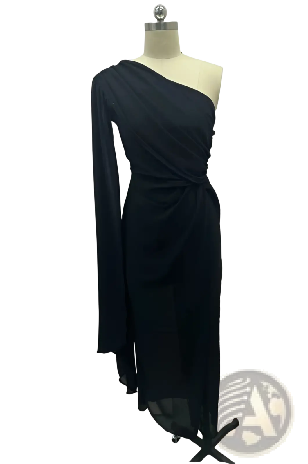 Elegant black one shoulder draped midi dress with flowing long sleeve and sheer overlay featuring a high slit