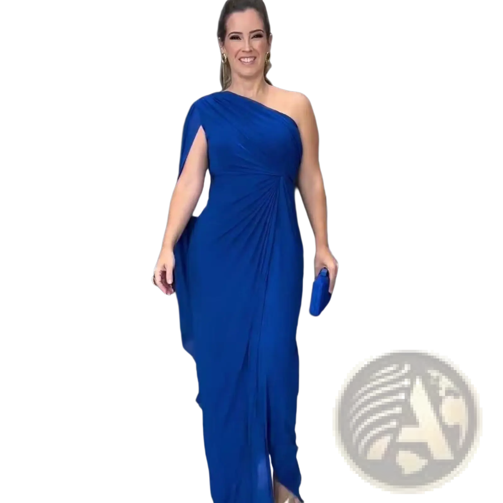A woman wearing an elegant royal blue one shoulder draped gown with flowing silhouette and high slit