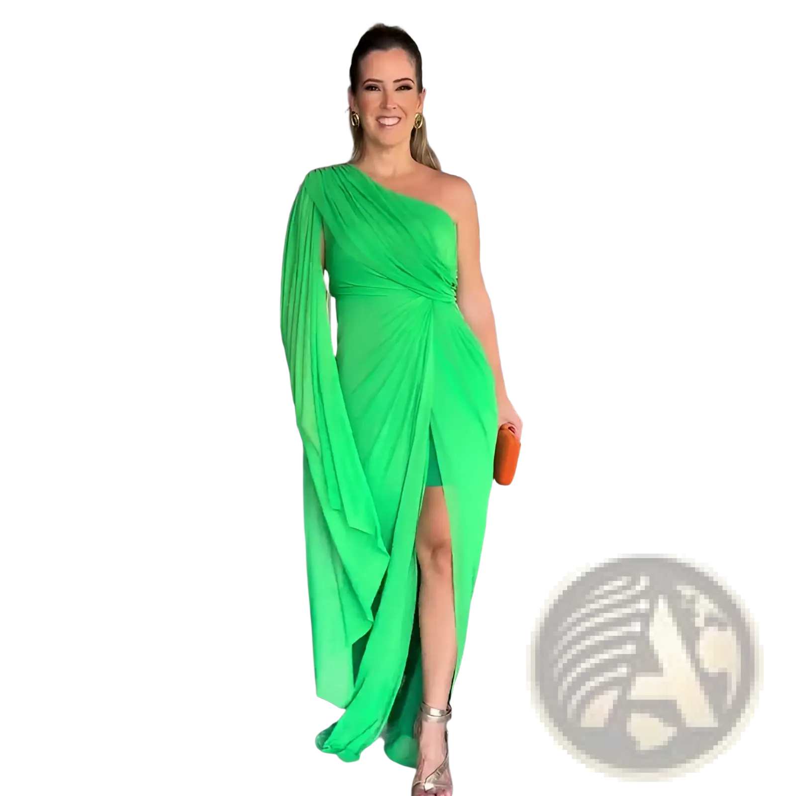 Elegant one shoulder draped gown in vibrant emerald green with a flowing design and high slit for formal occasions